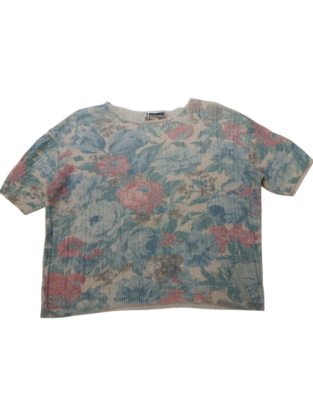 80s Floral Short Sleeve Knit Sweater by Carly Blake - Pastel Blue & Pink - L